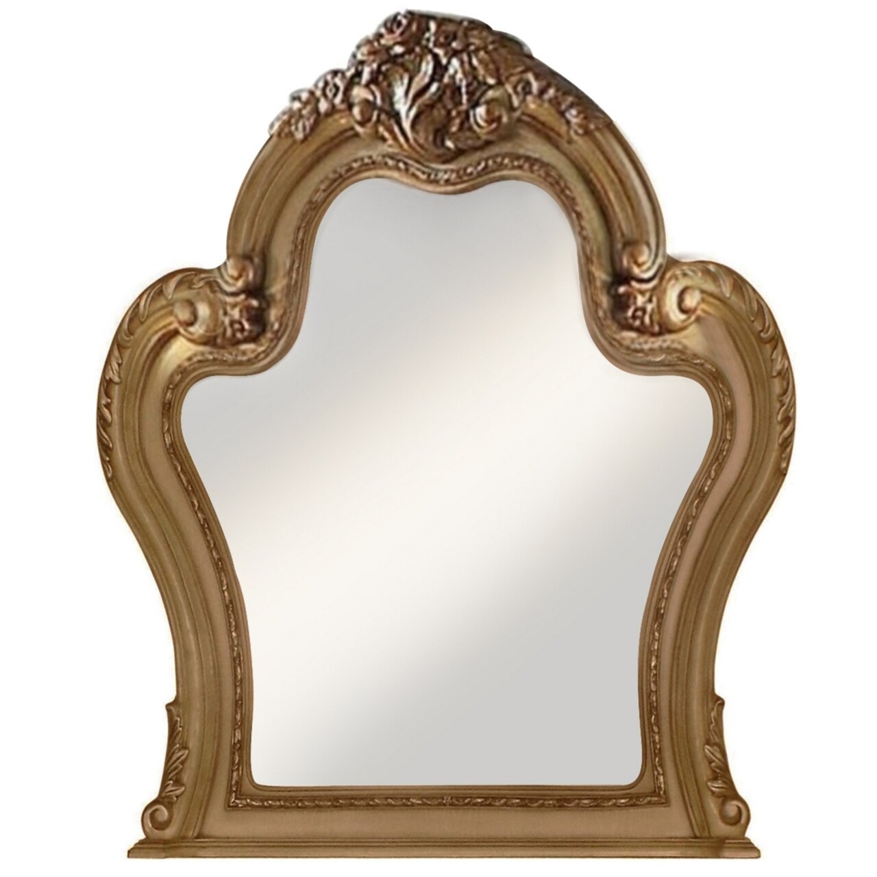 Saltoro Sherpi 46 Inch Wall Mirror, Wooden Carvings and Scrolled Frame, Gold